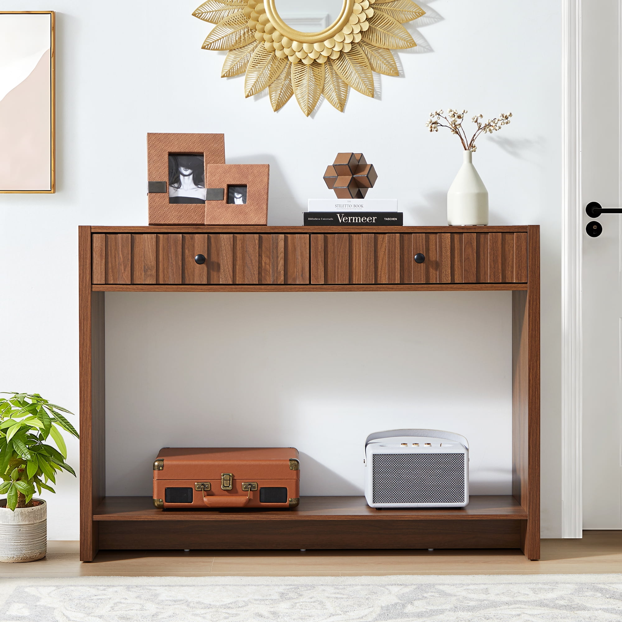 PHOYAL Fluted Console Table with Drawer and Open Storage Shelves, Narrow Sofa Table Entryway Table for Living Room Hallway Bedroom, Walnut