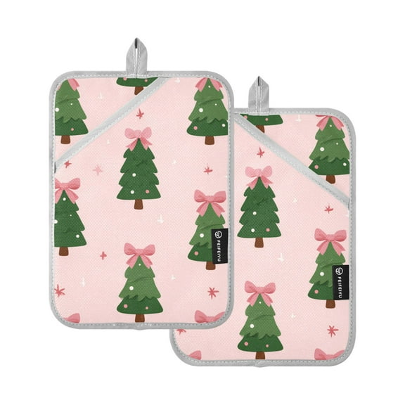 Cartoon Pink Bows on Christmas Tree Top Potholders Heat Resistant Pot Holder Set of 2 Oven Hot Pads with Pocket