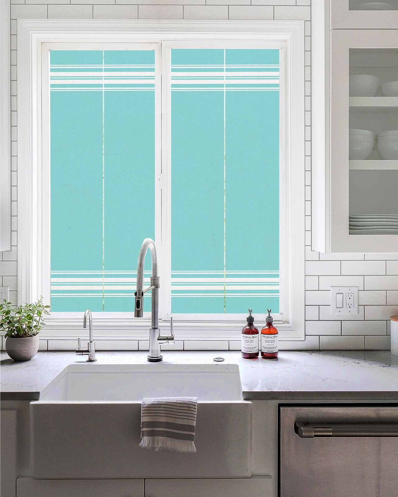 Window Privacy Film, Aqua Stripes UV Sun Blocking Window Tint Film Heat Control One Way Blackout Window Film, Farmhouse Modern Vertical Lines Non Adhesive Static Cling Window Sticker 19.6x39.3 In