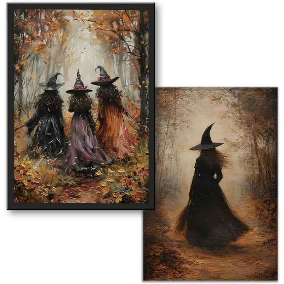 2PCS Vintage Halloween Decor Wall Art Prints, Dark Forest Three Witches Painting Poster Decor Autumn Moody Witches canvas prints For Living Room Bedroom Gallery 12 x 16inch Unframed