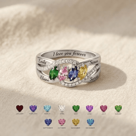 Personalized Family Birthstone Ring with 4 Custom Names |Engraved Mother's Day Ring with 4 Birthstones |Grandma Daughter Gift Jewelry