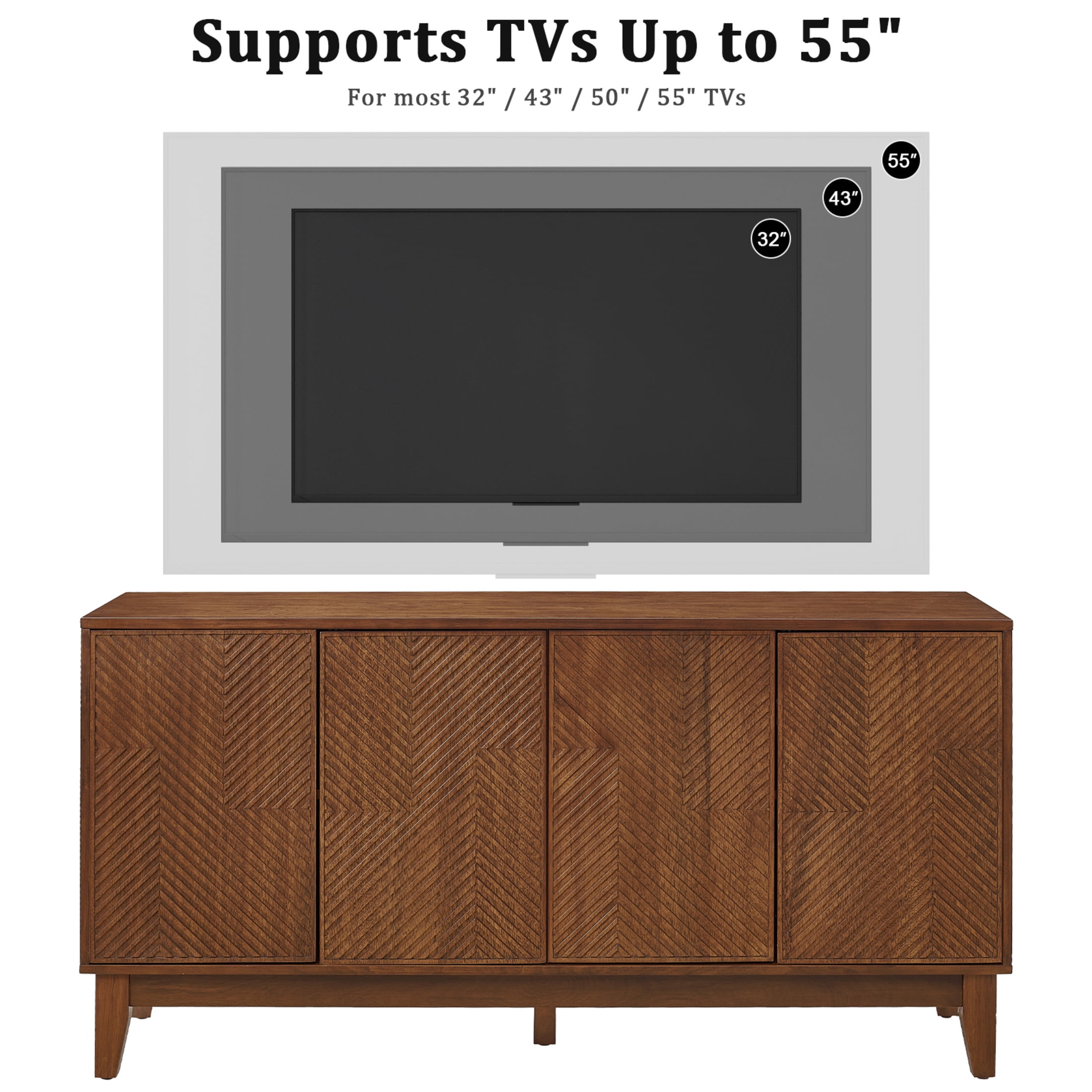 Noble House Nelly 56" Mid Century Modern TV Stand, Carved Geometric 4-Door Media Console Sideboard, Walnut