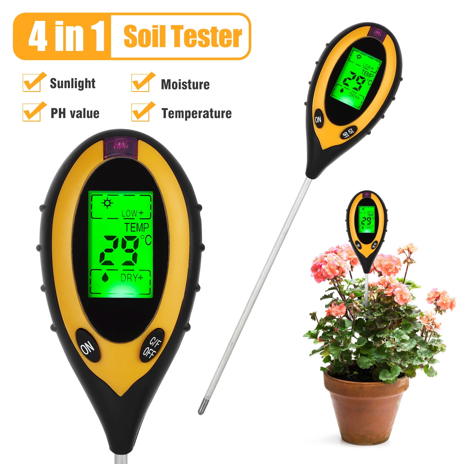 4 in 1 Soil PH Tester Light Sunlight Test Moisture Meter Temperature TesterHCA 