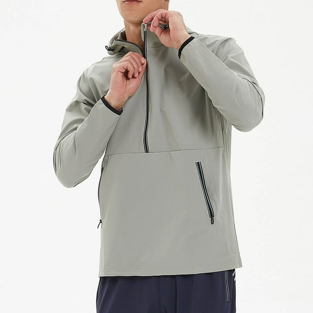 BVnarty Men s Running Jacket Windproof Waterproof Hooded Half Zip Breathable Workout Pullover Outdoor Sports Jacket Gray XXXL