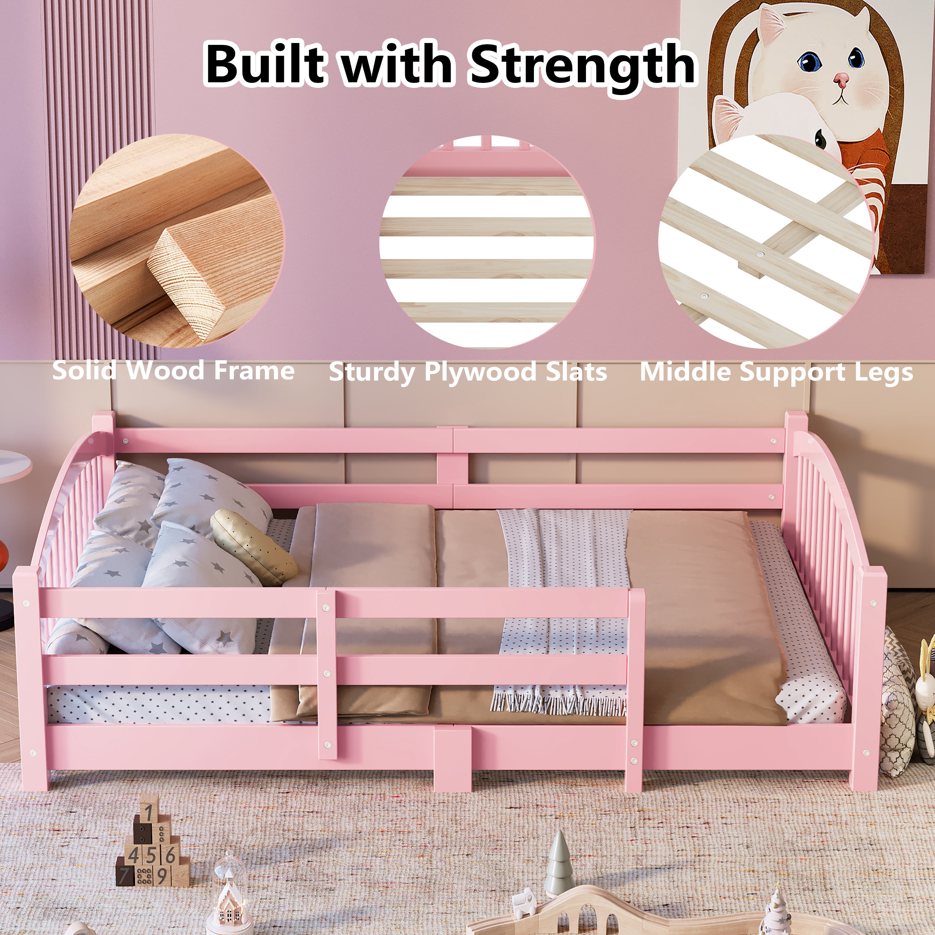 Harper & Bright Designs Full Montessori Floor Bed with Safety Guardrails, Solid Wood Floor Bed with Fence for Girls and Boys Bedroom, Pink