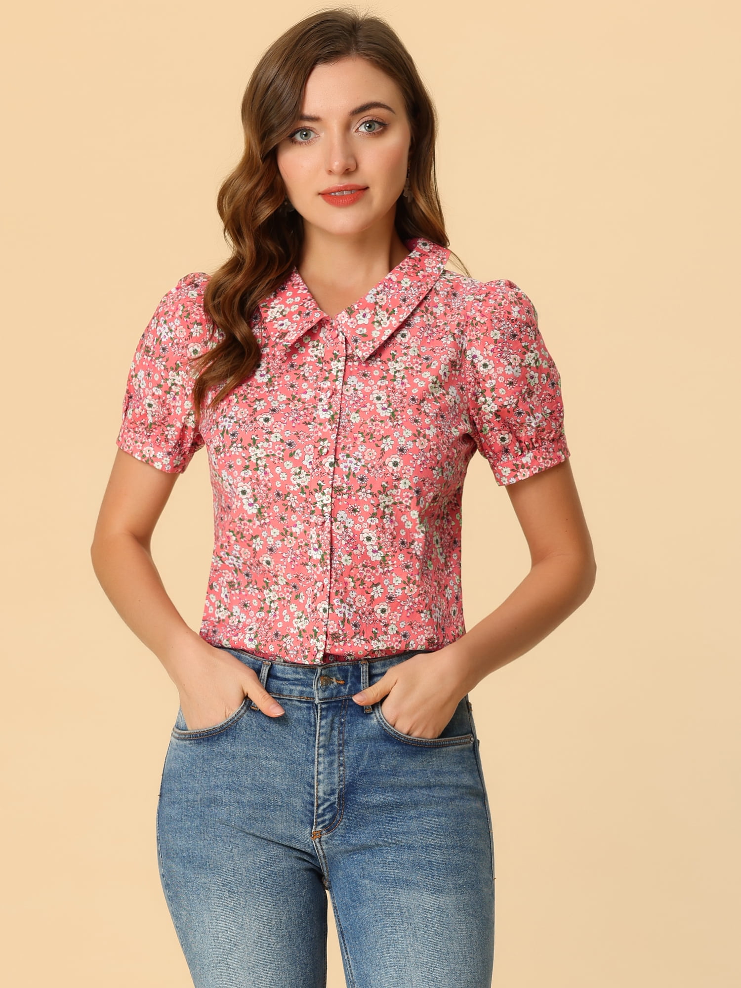 DARING DIVA Women's Turndown Collar Button Down Floral Blouse XL Pink