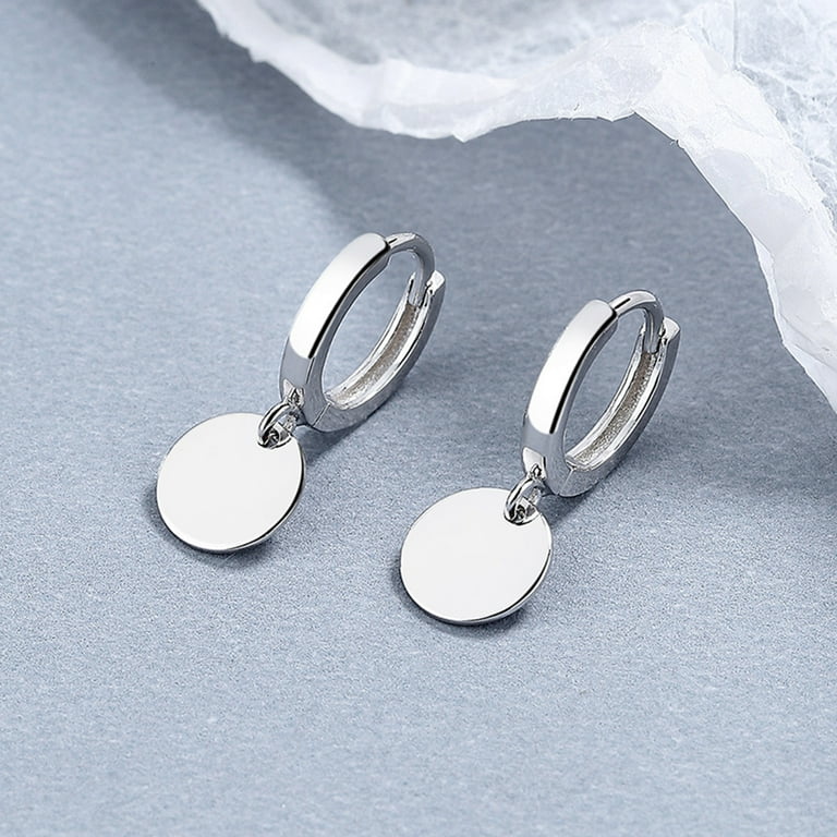 Simple Coin Disc Dangle Hoop Earrings Sterling Silver Cartilage