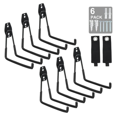 

Garage Hooks Wall Mount Garage Hanger Utility Garage Storage Hooks Tool Hangers with 2 Straps Black 6 Pack