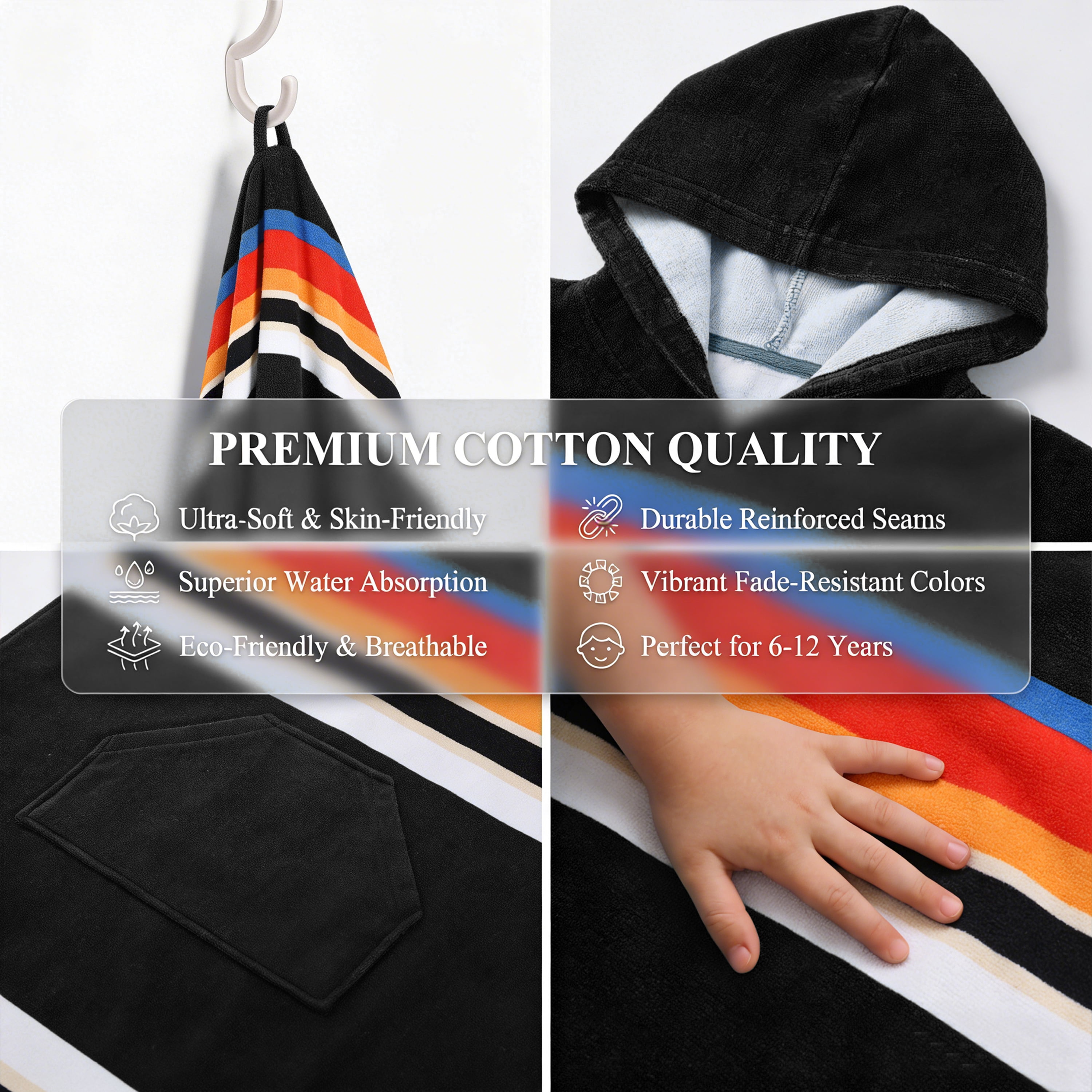 Catalonia Kids Hooded Poncho Towel, 100% Cotton Absorbent Changing Robe for the Beach, Pool, and Bath, Cute Gifts for Childrens (Boys and Girls), Black Stripe
