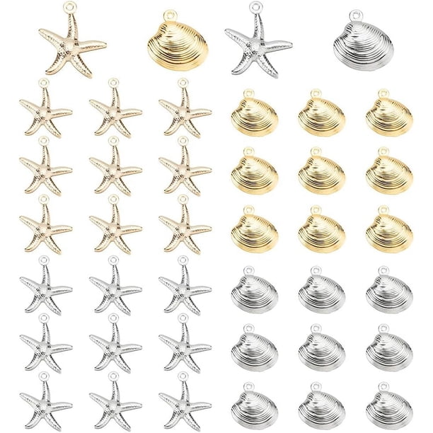 4 estilos de dijes de concha de estrella de mar, 40 colgantes metálicos de vieira, cuentas colgantes de concha marina
