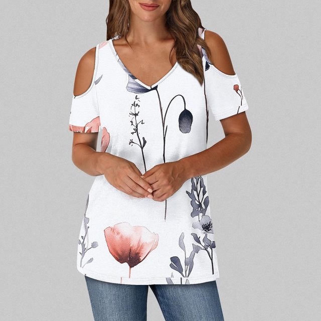 Soki Women's Off Shoulder Tee Clearance Blouses Short Sleeved V-Neck Fashionable Tops