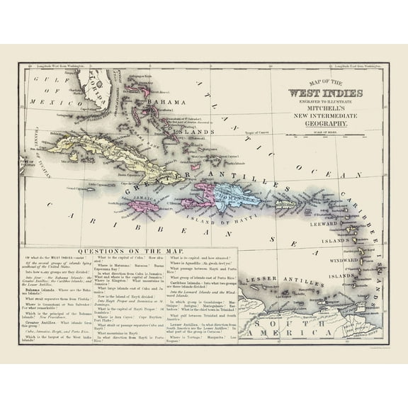 Historic Map - West Indies - Mitchell 1877 - Vintage Wall Art