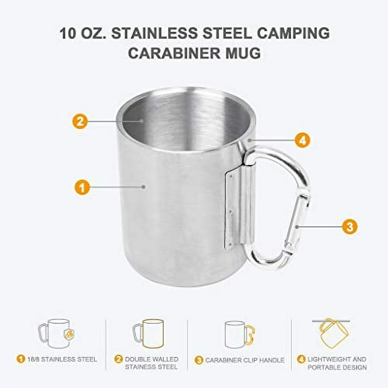 Stainless Steel Double Wall Insulated Travel Mug with Carabiner Handle, 10  oz., Desk Cup for Hot & Cold Drinks, Portable Travel Cup for Outdoors or