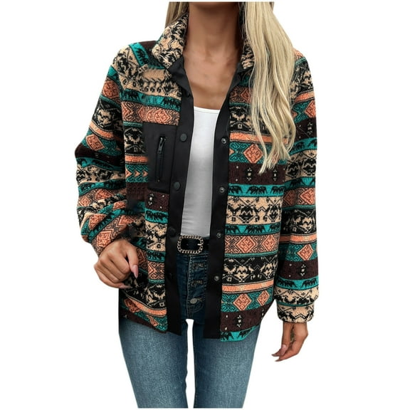 Uaswgudfs Women's Boho Ethnic Print Lapel Long Sleeve Loose Retro Button Jacket, Casual Patchwork Outerwear for Fall Winter Daily Leisure & Trendy Outfits Black L