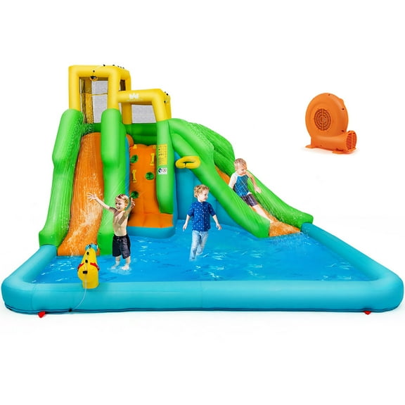 Gymax Inflatable Water Park Bounce House Two-Slide Bouncer w/ Climbing Wall & 550W Blower