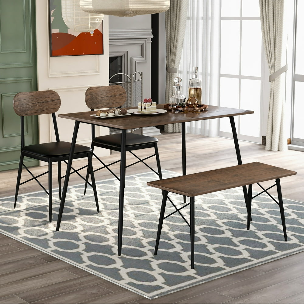 Dining Table Set for 4, 4-Piece Wood and Metal Home Dining Table Set with 2 Leather Chair and 