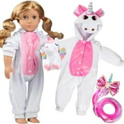 3pc Unicorn Onesie Outfit - 18" Doll Clothes & Accessories Compatible w American Girl Dolls - PJ Set Includes Pajamas, Plush Toy & Pink Hair Clip - Great Gift for Girls & Collector's
