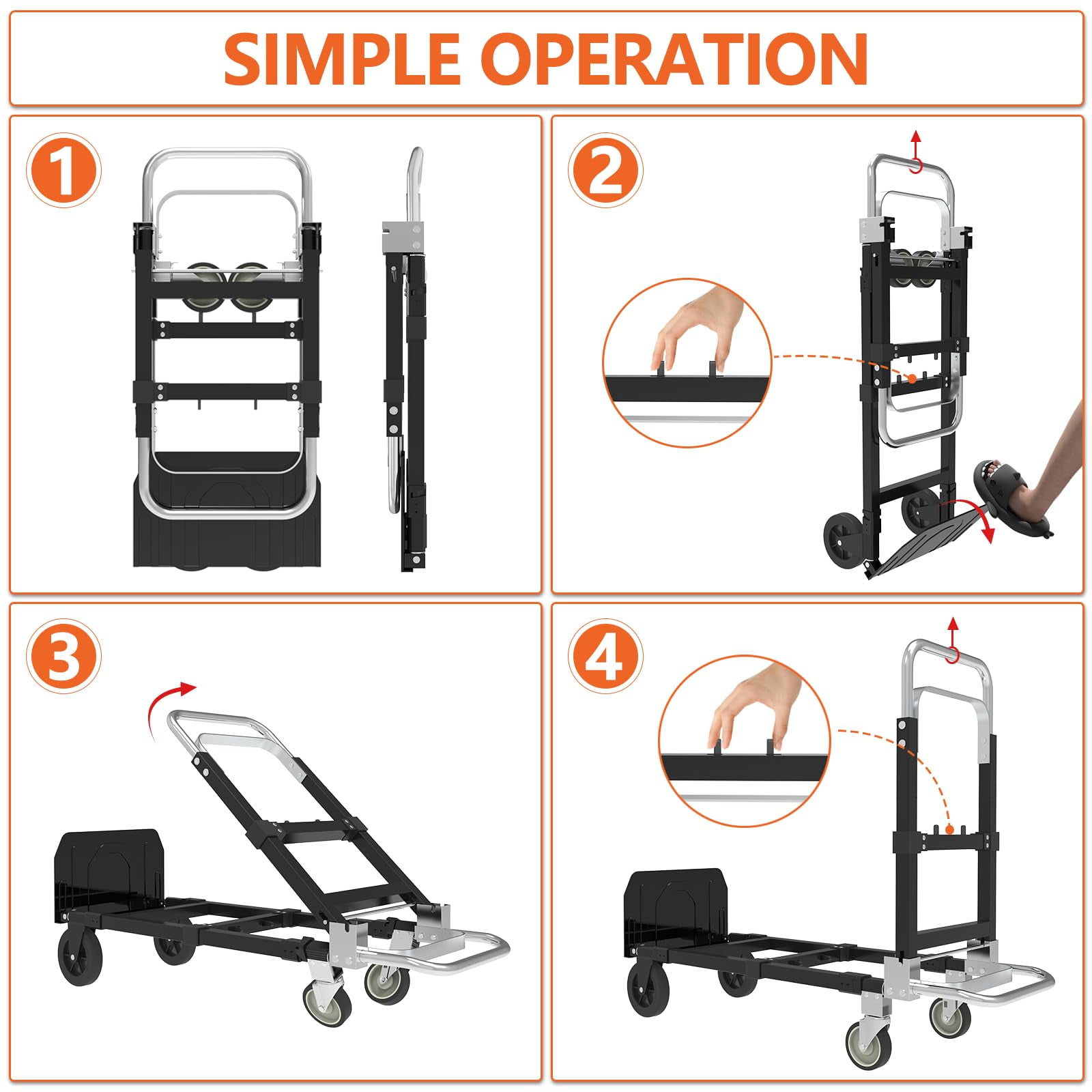 3-in-1 Heavy Duty Folding Dolly, Convertible Hand Truck Portable Steel with Telescopic Handle & Dolly Cart with Rubber Wheels, 580LB Capacity,Black