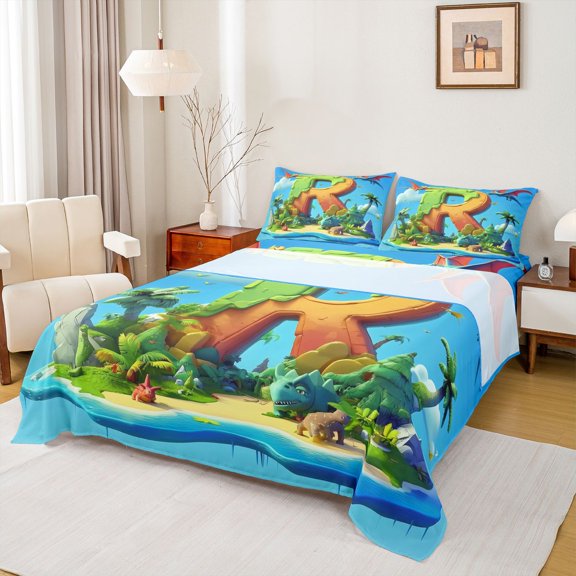 Feelyou Cartoon Dinosaur Letter R Print Full Size Sheets for Boys Girls, Cute Animal Bed Sheets, Blue, 4-Piece