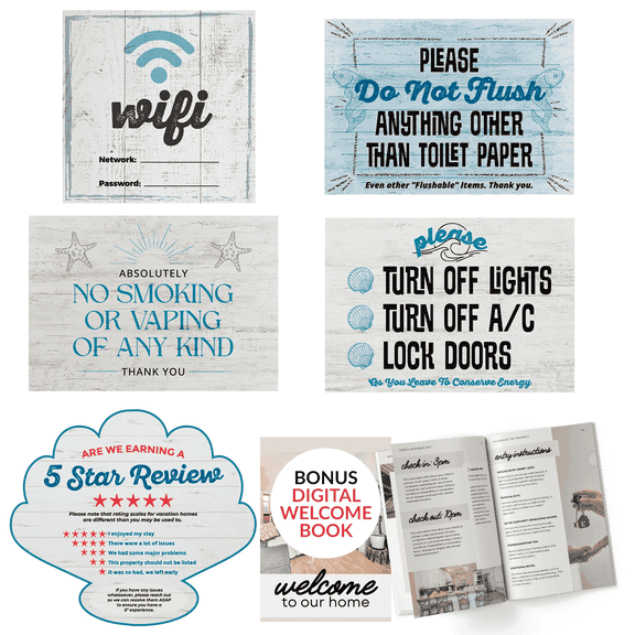 Orca 5 Essential Airbnb Signs for Hosts (Coastal) No Smoking, Do Not Flush, Wifi Password Dry Erase Magnet, Turn Off Lights & AC Reminder, and Guest Review Request
