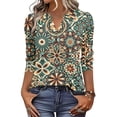 thumbnail image 2 of Domzest V Neck Tops for Women 3/4 Sleeve Boho Floral Print Pleated Button Down Shirts Loose Fit Tunic Blouse Green L, 2 of 6