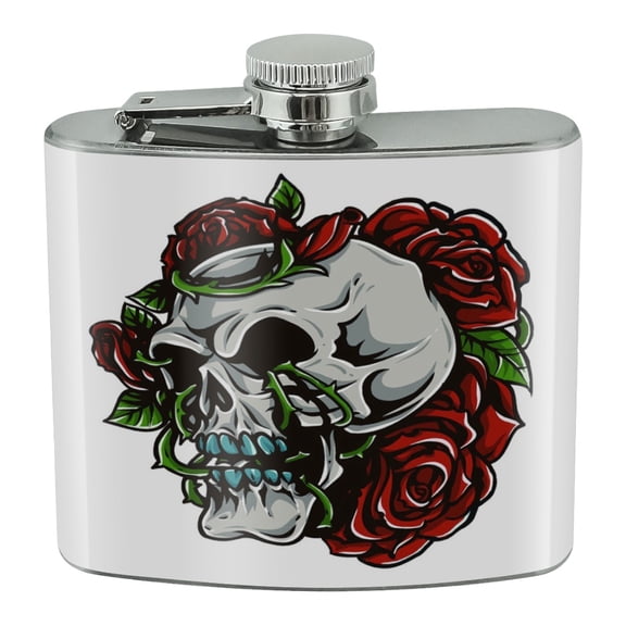 Human Skull Roses Life and Death Stainless Steel 5oz Hip Drink Kidney Flask