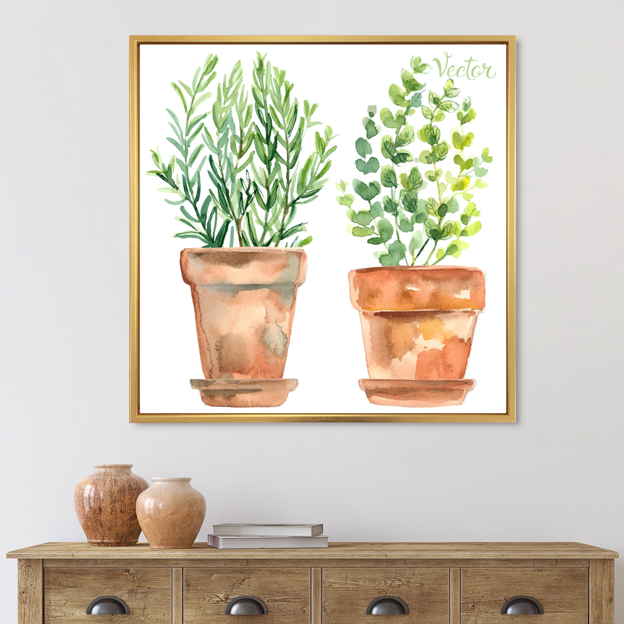 Designart 'Two Green House Plants In Orange Cly Pots' Traditional Framed Canvas Wall Art Print