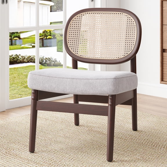 Accent Chair, Mid-Century Modern Upholstered Reading Chair with Handcrafted Rattan Back and Solid Rubber Wood Frame, Velvet Fabric, Beige, for Living Room and Bedroom, 300lbs Capacity
