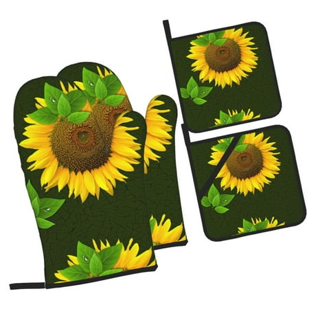

Tebeau Sunflower3 Print 4 Pcs Oven Mitts and Pot Holders 500°F High Heat Resistant Kitchen Oven Mitts with Pot holders Long Oven Mitts for Baking and Cooking