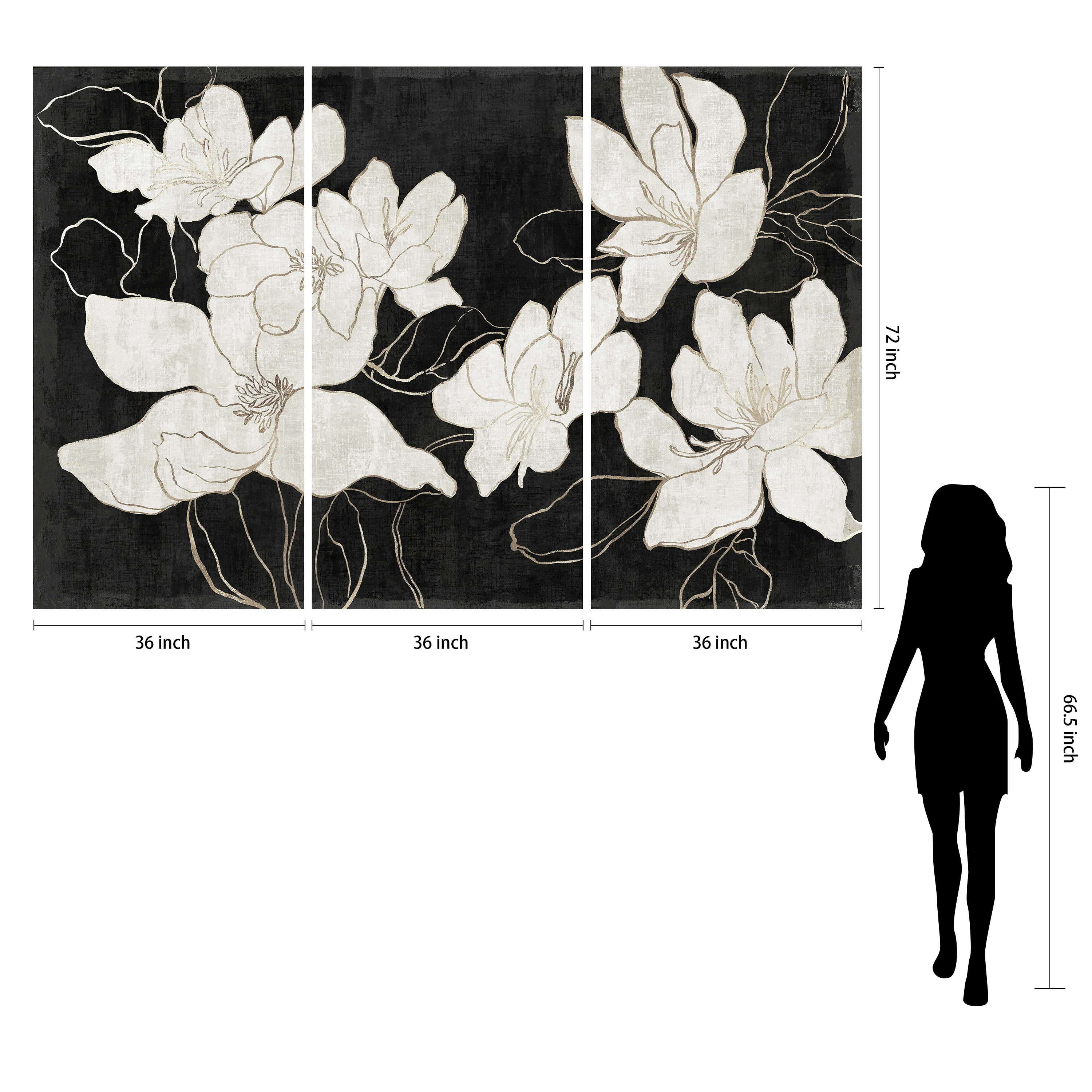 "Floral Elegance Trio" White Flower Frameless Free Floating Reverse Printed Tempered Glass Wall Art