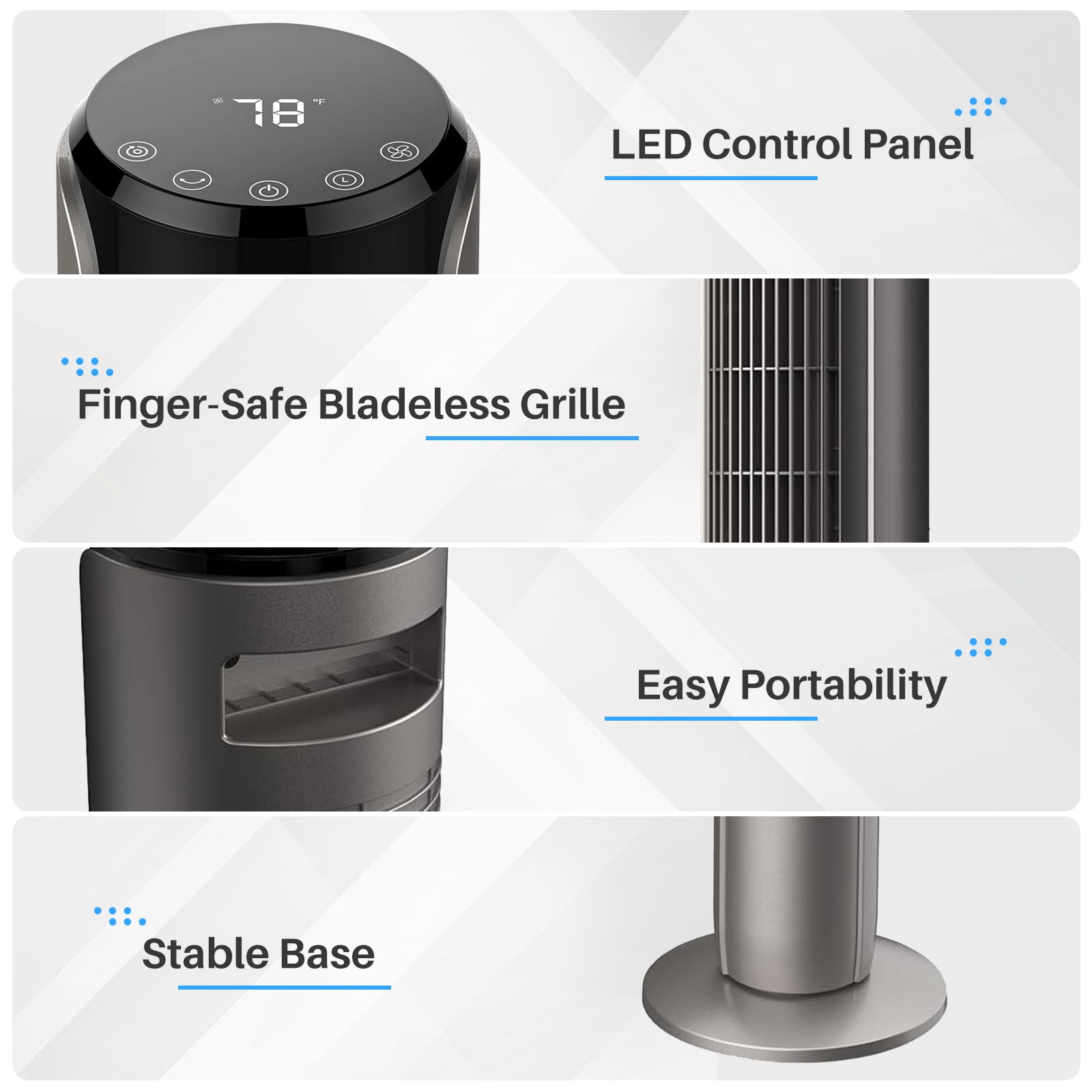 Tower Fan for Home, 36" Standing Floor Fan with Remote, Bladeless Fan Cold Air Quiet, 5 Speeds, 4 Modes, LED Display, Gray