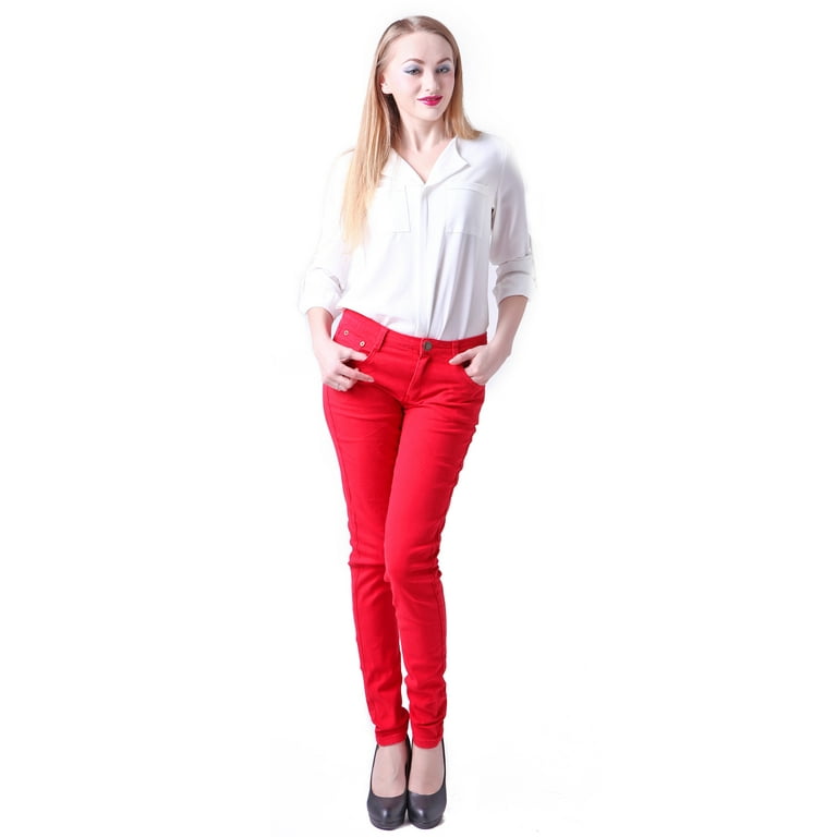 Women's Jeans Jeggings Five Pocket Stretch Denim Pants (Red, Small) 