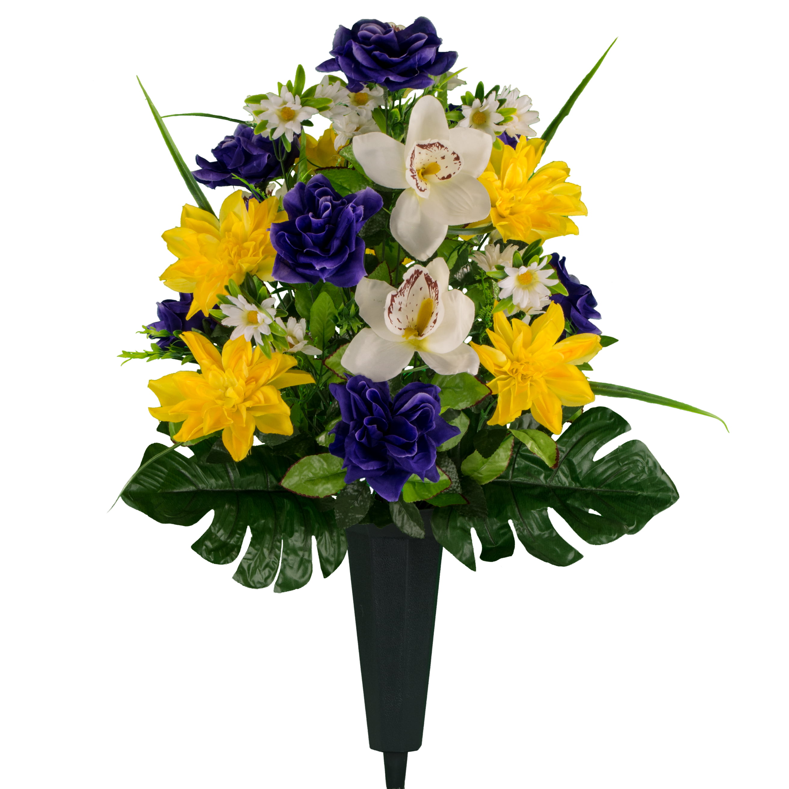 New Stunning Artificial Flower Arrangement Purple/Ivory In Black Pot For Grave 