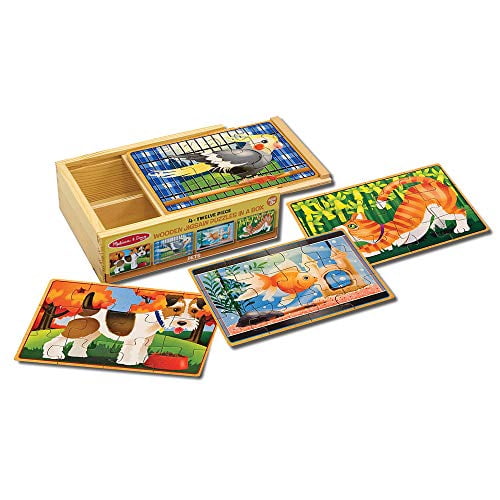Melissa Andamp Doug Pets Jigsaw Puzzles In A Box Four Wooden Puzzles, Sturdy Wooden Storage Box, 12Piece Puzzles, 8' H X 6' W X 25' L, Great Gift For Girls And Boys Best For 3, 4, 5, And 6 Year Olds