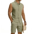 thumbnail image 5 of Mens Linen Sets 2 Piece Outfits Sleeveless Shirt And Shorts Set Vacation Outfit for Men Summer Beach Suits Button Down Tank Tops And Short Set Gym Tracksuits Green 2Xl, 5 of 5