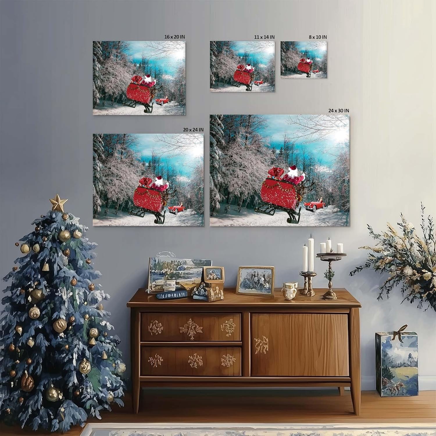 Christmas canvas wall art decor, Santa Claus on Sleigh with Gifts and Red Car in Snowy Forest, Festive Canvas Print for Living Room or Office, Holiday Home Decor for a Joyful Atmosphere 16X20inch