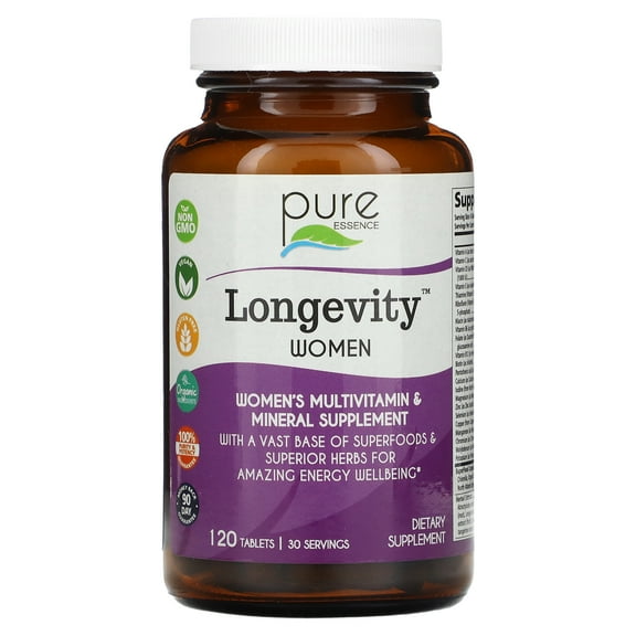 Longevity Women 50  Multivitamin - Whole Food Supplement with Superfoods, Minerals, Enzymes, Vitamin D, D3, B12, Biotin by Pure Essence - 120 Tablets