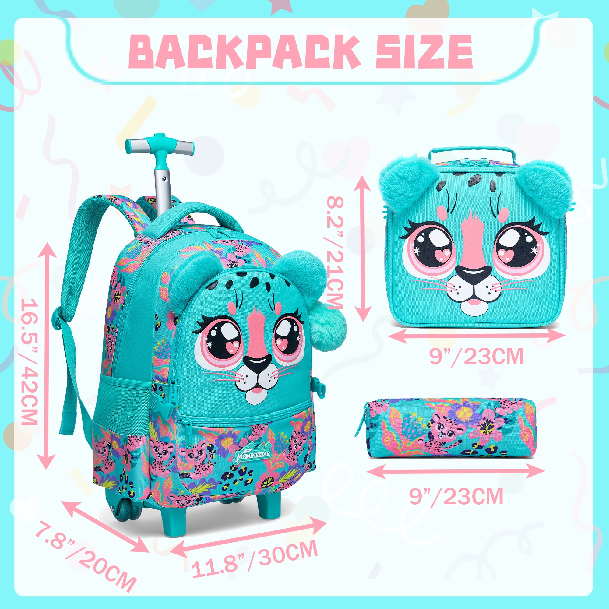 Kids Rolling Backpacks for Girls with Lunch Box Pencil Case School Bookbag with Wheels for Elementary Students Age 8-10