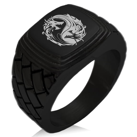 Stainless Steel Tribal Dragon Yin Yang Geometric Pattern Step-Down Biker Style Polished Ring