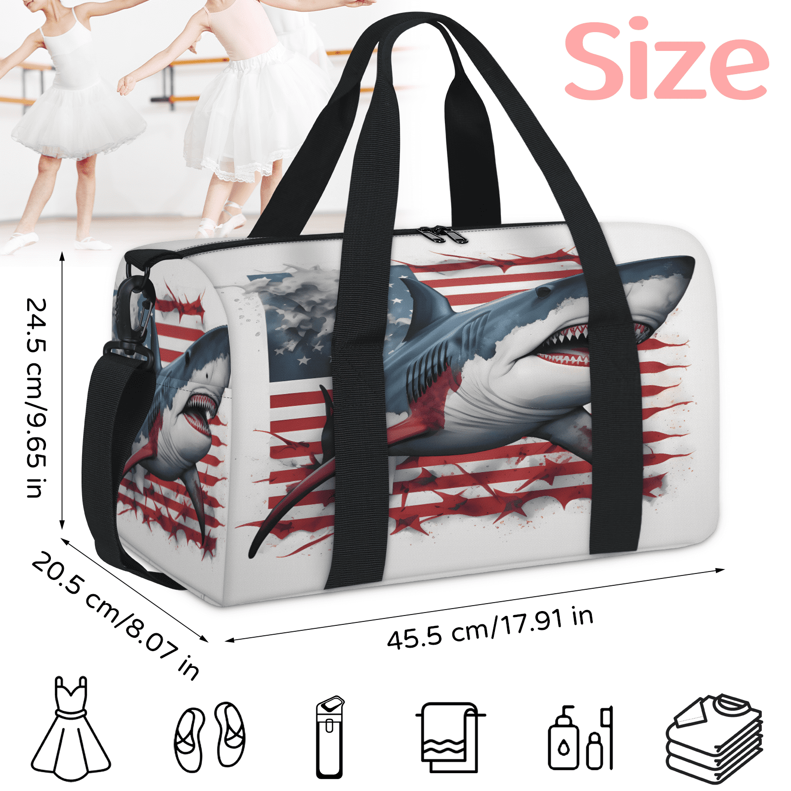 Herdesigns Shark American Flag Gym Bag for Women, Duffle Bag for Travel Sport, Lightweight Waterproof Carry on Weekender Overnight Dance Yoga Workout Bags