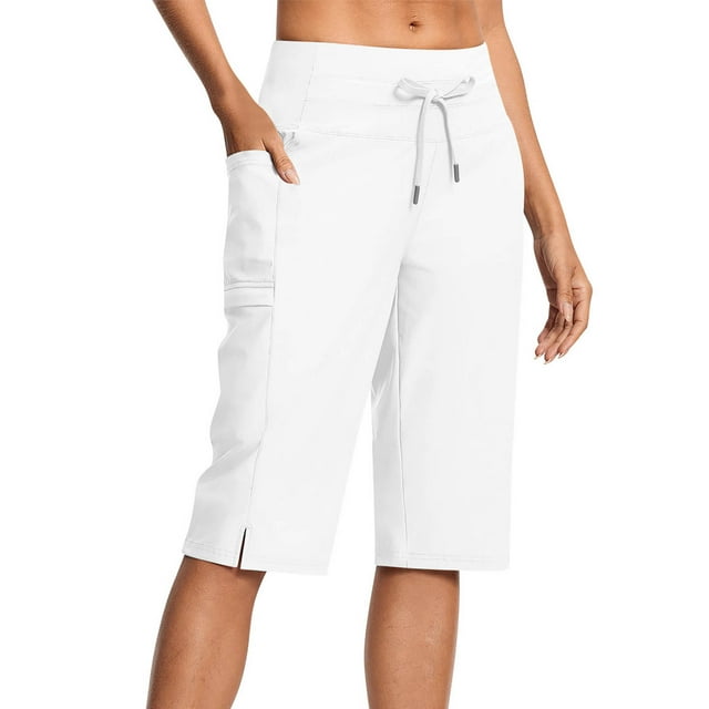 Lenpel Women's Athletic Long Shorts High Waisted Straight Leg Drawstring Side Split Hiking Cargo Shorts Workout Bermuda Shorts