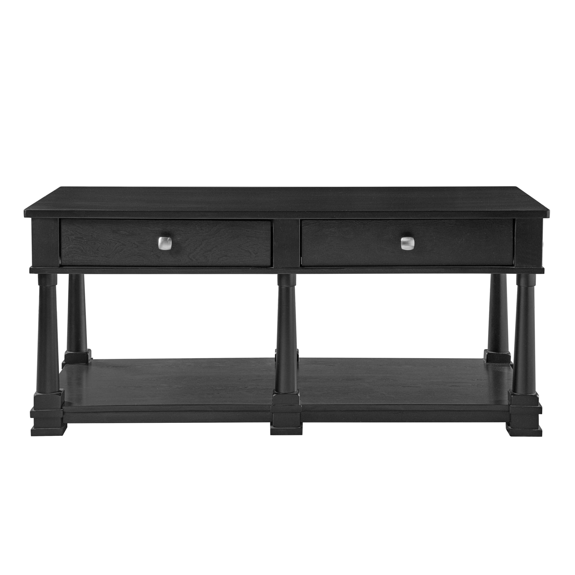Leumius Farmhouse Coffee Table with 2 Storage Drawers & Lower Open Shelf, Rectangular Cocktail Table with Solid Wood Legs for Living Room Black