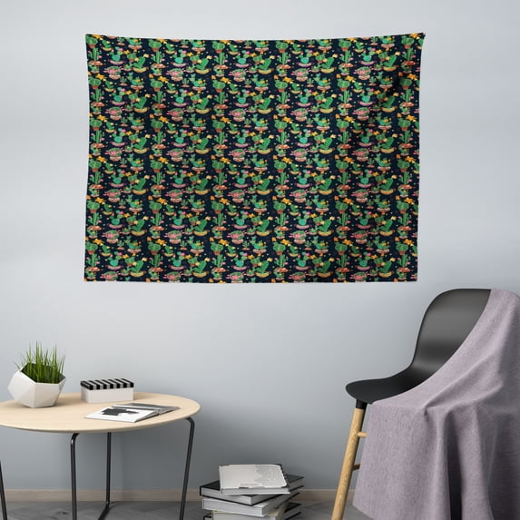 Cactus Print Tapestry, Colorful Layout of Different Shapes of Cacti with Flowers, Fabric Wall Hanging Decor for Bedroom Living Room Dorm, 5 Sizes, Charcoal Grey Multicolor, by Ambesonne