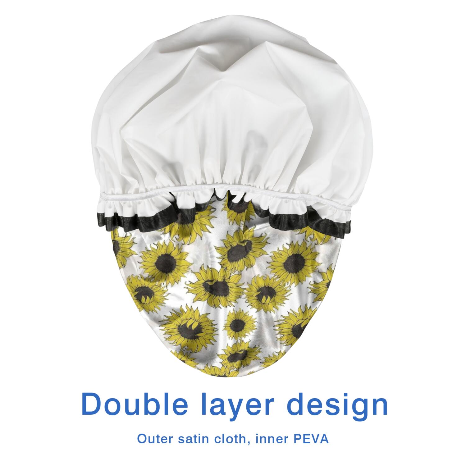 Shower Caps,White Sunflower Pattern Waterproof Shower Cap for Women 4 Pieces,Double Reusable Hair Cover for Shower PEVA Elastic Stretch Hem