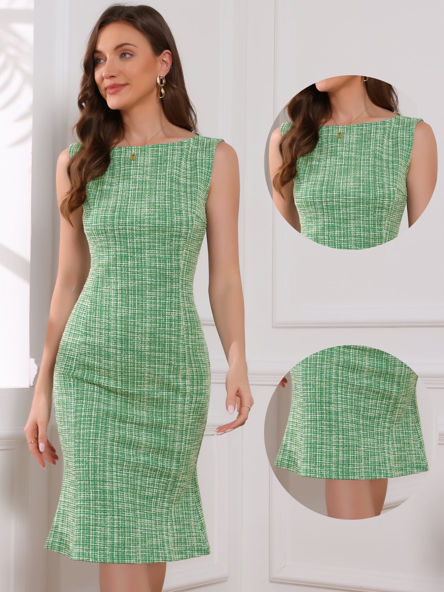 DARING DIVA Tweed Dress for Women's Summer Sleeveless Elegant Plaid Bodycon Dress L Green