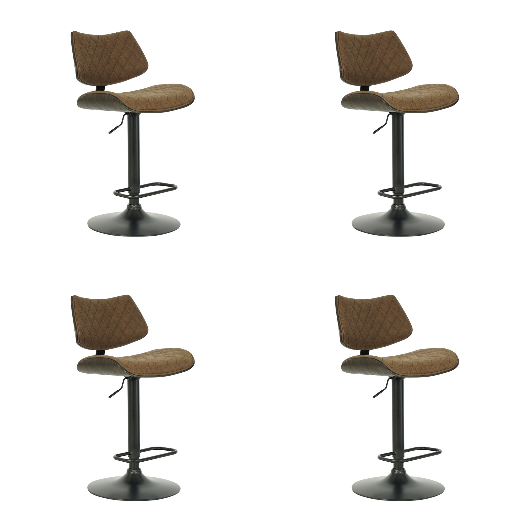 Leland Adjustable Swivel Vintage Dark Brown Curved Back Wood Bar Stool with Faux Leather Seat Set of 4
