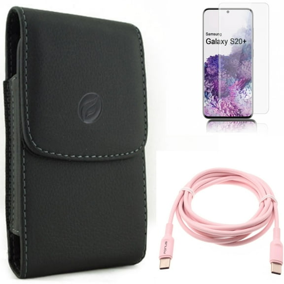 Case Belt Clip w Pink 6ft Long Cable w Screen Protector for Samsung Galaxy S20 Plus - Leather Holster Cover, USB-C to Type-C PD Fast Charger Cord, Tempered Glass [Fingerprint fits Galaxy S20 Plus