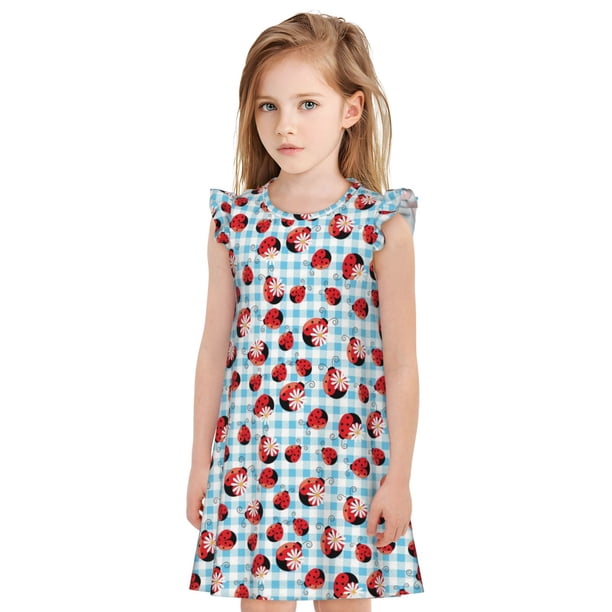 Balery Flowers and Lady Bugs Camisón de princesa para niñas, pijama de algodón con mangas abullonadas, suave y bonito.-X-Large