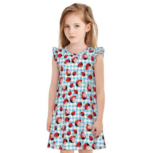 Balery Flowers and Lady Bugs Camisón de princesa para niñas, pijama de algodón con mangas abullonadas, suave y bonito.-XX-Large