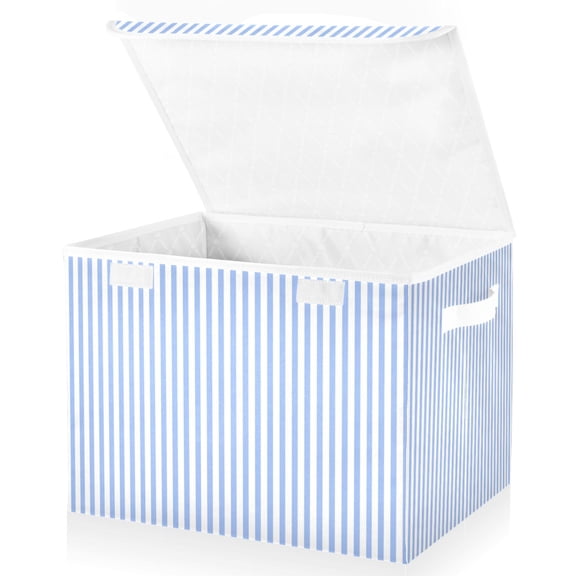 Wobogo Blue White Stripe Large Collapsible Storage Box Flip Lid Fabric Decorative Organizer Container Basket with Handles 16.5×12.6×11.8in